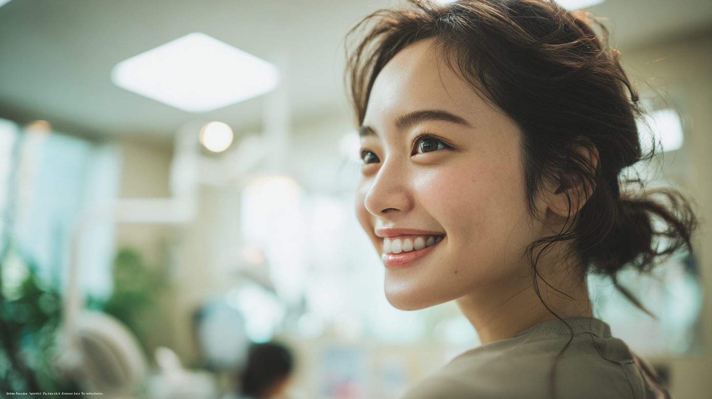 札幌の明るく清潔な歯科医院で、安心して相談に臨む女性。歯並び相談の安心感を表現。
