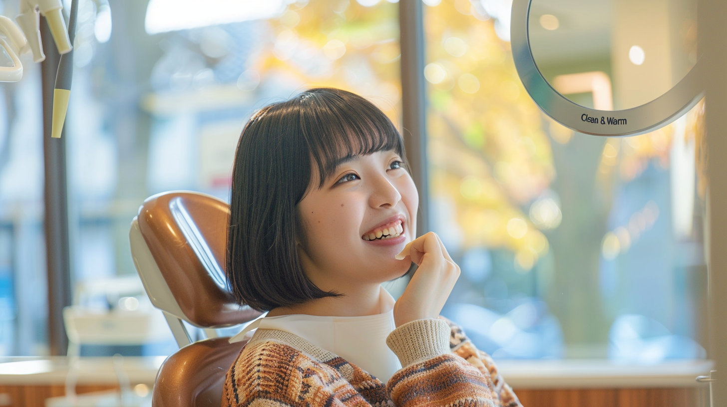 明るい診察室で未来への希望に満ちた笑顔を見せる、札幌・北広島でのマウスピース矯正を象徴するイメージ